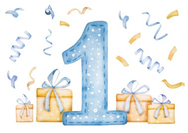 Gift box presents with confetti and one year number for baby boy happy birthday celebration watercolor painting for postcard. Blue color surprises for kid child aquarelle drawing