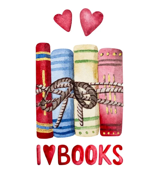 Watercolor Books Hand Drawn Painting Text Love Books Hearts Literature — Foto Stock