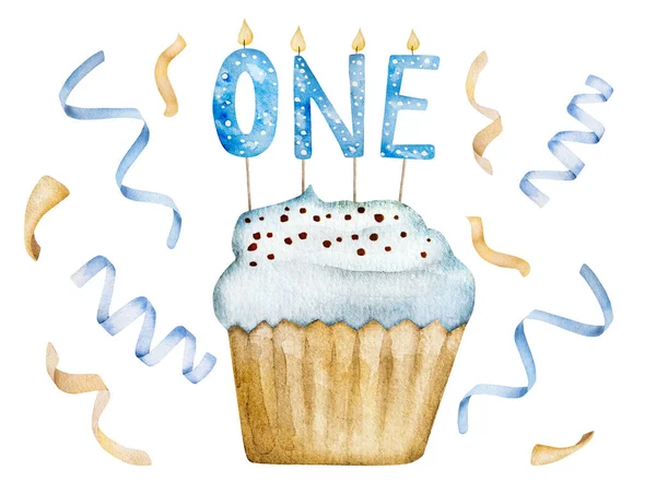 Happy Birthday cupcake for baby boy with candles and text one year watercolor illustration for postcard design. Blue muffin cake for family celebration aquarelle painting