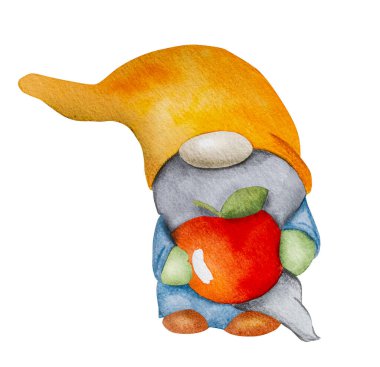 Suluboya el, kartpostallar için beyaz arka planda elma olan cüce cüceyi çizdi. Trol elf akvaryumu resmi