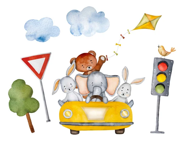 Cartoon bear, elephant and bunny in yellow car with bird and kite watercolor painting. Automobile transportation with cute animals, traffic lights and trees aquarelle travel illustration