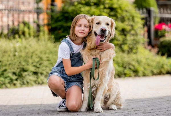Preteen Girl Petting Golden Retriever Dog Street Female Child Kid — Stock Photo, Image