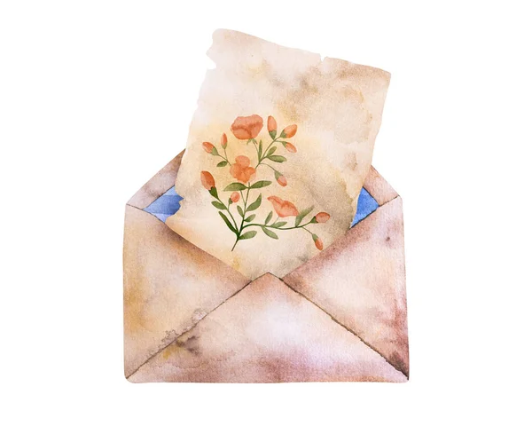 Vintage Envelope Poppy Flowers Letter Watercolor Painting Retrro Paper Traditipnal — Stock Photo, Image