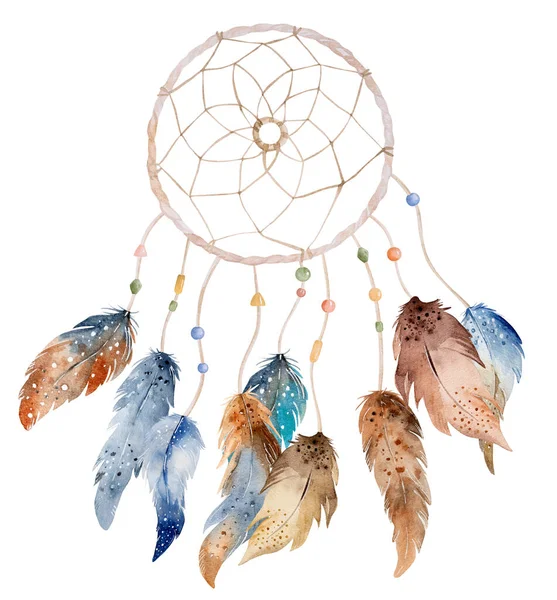 Tribal Fjäder Boho Dreamcatcher Akvarell Prydnad Traditionell Dröm Catcher Etnisk — Stockfoto