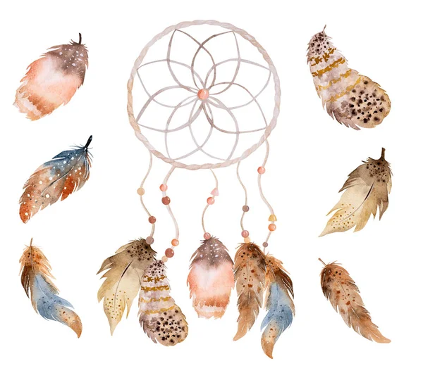 部族のBoho夢のキャッチャーは アステカの羽を持つ水彩装飾 伝統的な夢のキャッチャー民族の翼画 — ストック写真