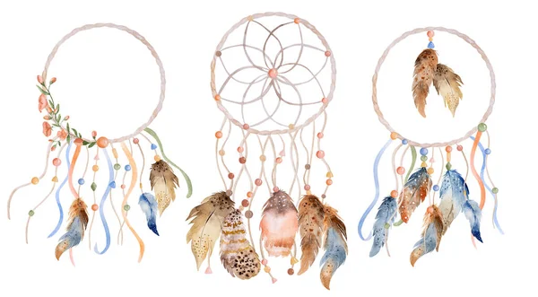 部族の羽のBohoの夢のキャッチャー水彩装飾 伝統的な夢のキャッチャー民族の翼画 — ストック写真