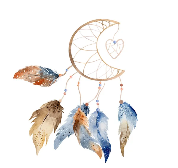 部族のBoho夢のキャッチャーは アステカの羽や矢印と水彩装飾 伝統的な夢のキャッチャー民族の翼画 — ストック写真