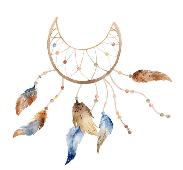 部族のBoho夢のキャッチャーは アステカの羽や矢印と水彩装飾 伝統的な夢のキャッチャー民族の翼画 — ストック写真