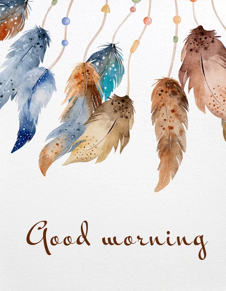 部族のBoho夢のキャッチャーは アステカの羽とテキストの良い朝と水彩装飾 伝統的な夢のキャッチャー民族の翼画 — ストック写真