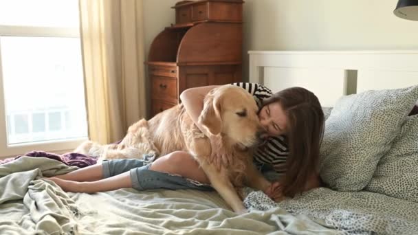 かわいい女の子は黄金のレトリバー犬を抱きかかえてベッドに座って笑っている 女性ティーンとともにPurebreedged犬ペットLabraador見ますとともにカメラに家 — ストック動画