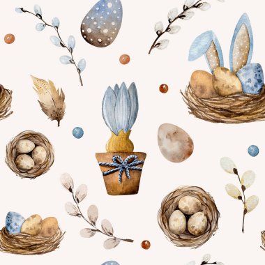 Easter watercolor paintings with traditional eggs, nest and bunny ears. Festive spring religion aquarelle drawing postcard with springtime plants