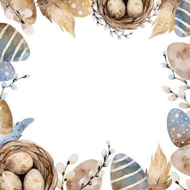 Easter watercolor painting with traditional eggs in nest and feathers on white background with copy space for greeting text. Festive spring religion aquarelle drawing postcard