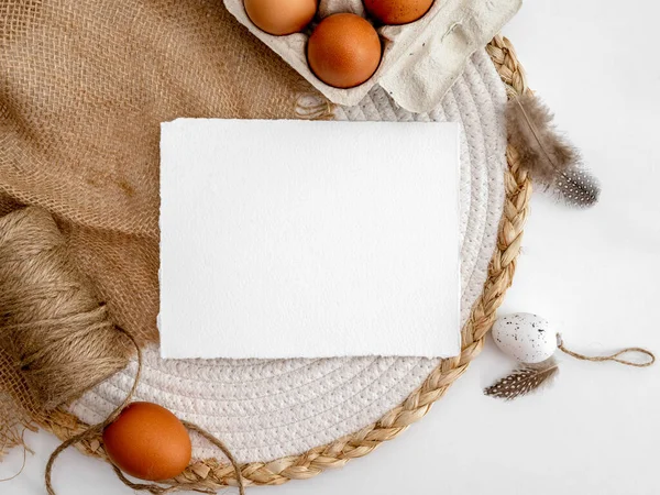 Easter Mockup Traditional Eggs Feathers Trendy Sack Decor Table Festive — Stockfoto