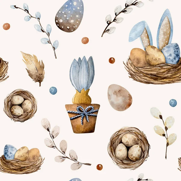 Osteraquarelle Mit Traditionellen Eiern Nestern Und Hasenohren Festliches Frühlingsreligion Aquarell — Stockfoto