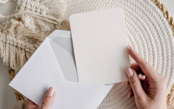 Girl Hands Put Watercolor Paper Postcard Blank Envelope Boho Decor — Foto Stock