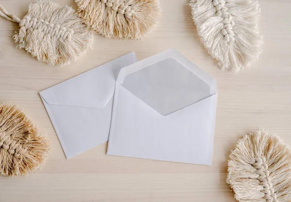 Two White Envelope Blanks Copy Space Lying Boho Decor Background — Φωτογραφία Αρχείου