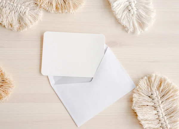 White Envelope Blank Watercolor Paper Postcard Copy Space Lying Boho — стоковое фото