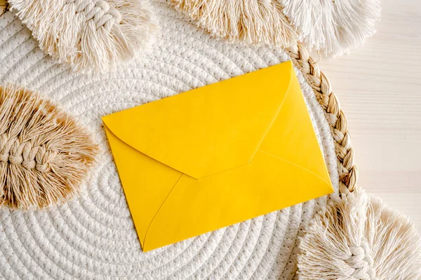 Yellow Envelope Blank Copy Space Lying Boho Decor Background Craft — Fotografia de Stock