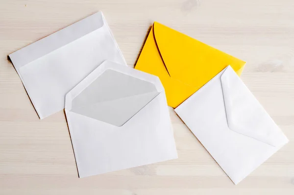 White Yellow Envelopes Letter Correspondence Lying Wooden Table Empty Blank — стоковое фото