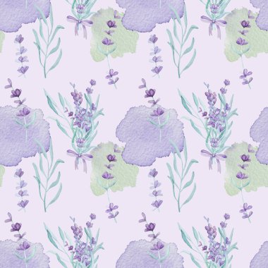 Beautiful lavender provence plant watercolor seamless pattern. Purple blossom flower composition aquarelle drawing for postcard design