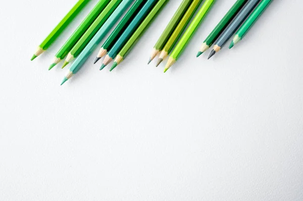 Green Pencils Set Lying Watercolor Paper Multicolor Crayons Pallete Copy — 스톡 사진