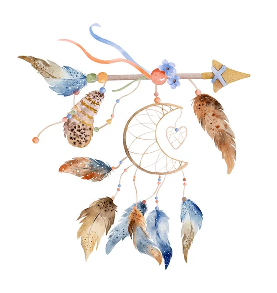 部落布荷梦想家用阿兹特克羽毛和箭装饰水彩画 传统的梦想捕手民族翅膀画 — 图库照片
