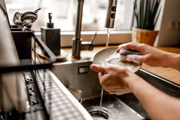 Girl Washing Plate Dish Sponge Foam Kitchen Woman Cleaning Utensil — Foto de Stock