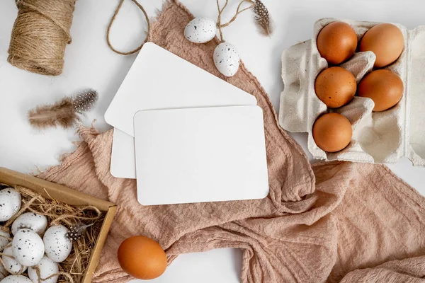 Easter Mockup Traditional Eggs Feathers Trendy Sack Decor Table Festive — Φωτογραφία Αρχείου