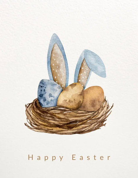 Πασχαλινή Ακουαρέλα Ζωγραφική Παραδοσιακά Αυγά Φωλιά Και Αυτιά Λαγουδάκι Λευκό — Φωτογραφία Αρχείου
