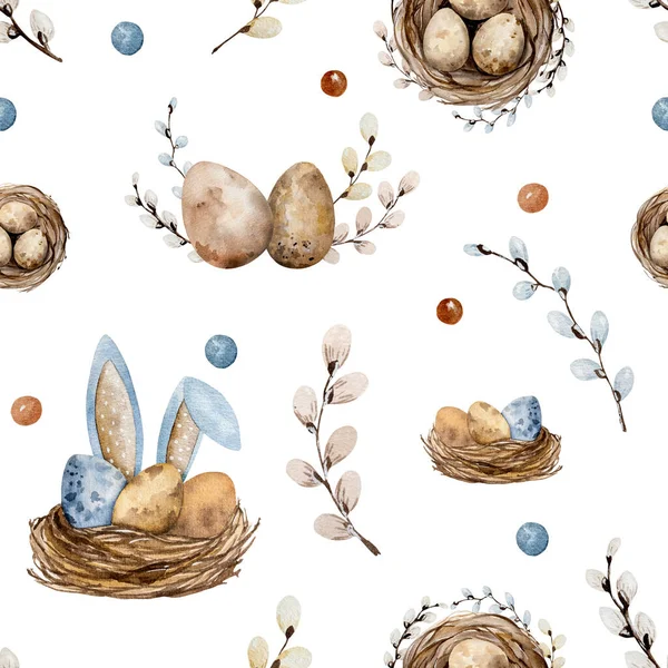 Pasen Aquarel Schilderijen Met Traditionele Eieren Nest Konijnenoren Feestelijke Lente — Stockfoto