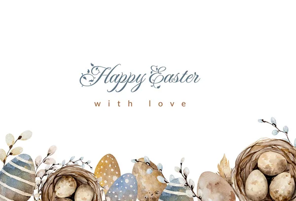 Velikonoční Akvarel Tradičními Vejci Hnízdě Boho Peří Bílém Pozadí Pozdravným — Stock fotografie