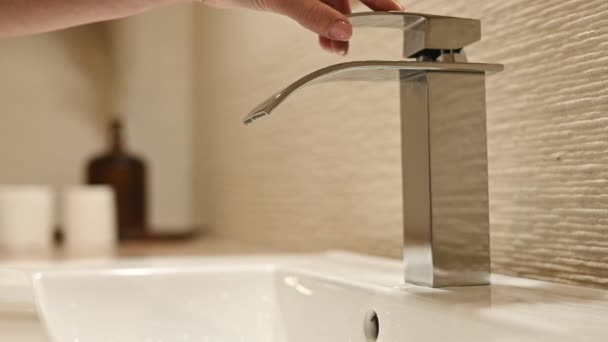 Girl Hand Open Water Steel Faucet Bathroom Woman Using Silver — Wideo stockowe