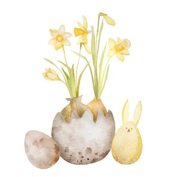Påsk Kanin Kanin Narcissus Blommor Och Ägg Akvarell Målning För — Stockfoto