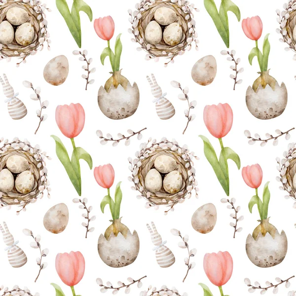 Цветок Розового Тюльпана Съедобные Яйца Гнезде Ива Весеннего Праздника Акварельный — стоковое фото