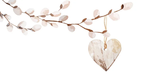 Easter Willow Heart Toy Decoration Watercolor Painting Chrisitian Holiday Spring — Stock Photo, Image