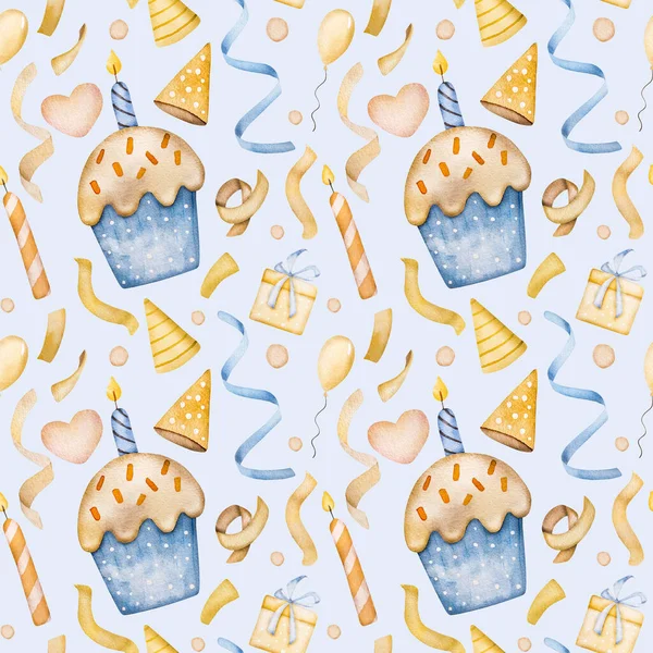 Herzlichen Glückwunsch Zum Geburtstag Cupcakes Partyhut Und Konfetti Blauen Aquarell — Stockfoto