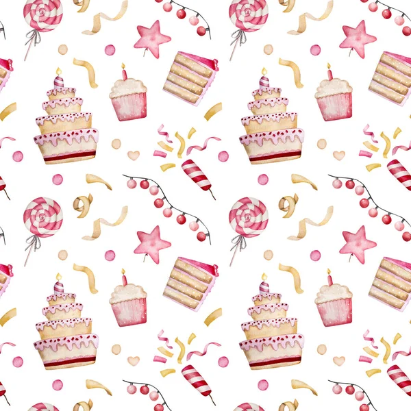 Alles Gute Zum Geburtstag Cupcakes Lutscher Und Konfetti Rosa Aquarell — Stockfoto