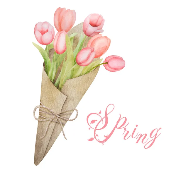 Beautiful Pink Tulip Flowers Bouquet Rustic Paper Watercolor Paiting Spring — Stock Photo, Image