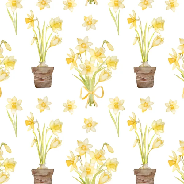 Весенние Цветы Нарцисс Лейке Горшок Акварели Бесшовный Узор Желтоголовое Растение — стоковое фото
