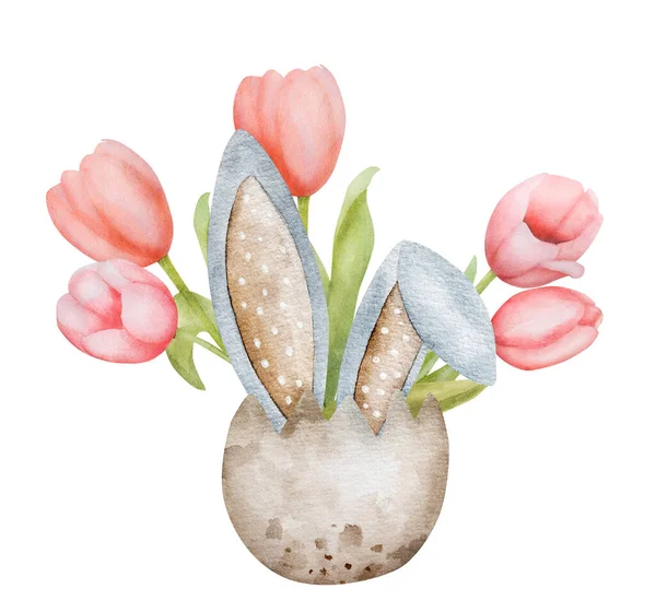 Paskalya Yumurtasındaki Güzel Pembe Lale Çiçeği Bahar Tatili Suluboya Sanatı — Stok fotoğraf