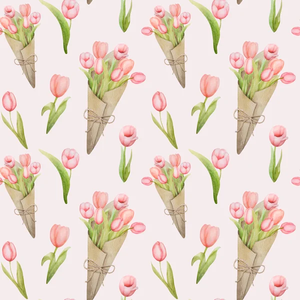 Bonito Rosa Tulipa Flores Bouquet Aquarela Sem Costura Padrão Primavera — Fotografia de Stock