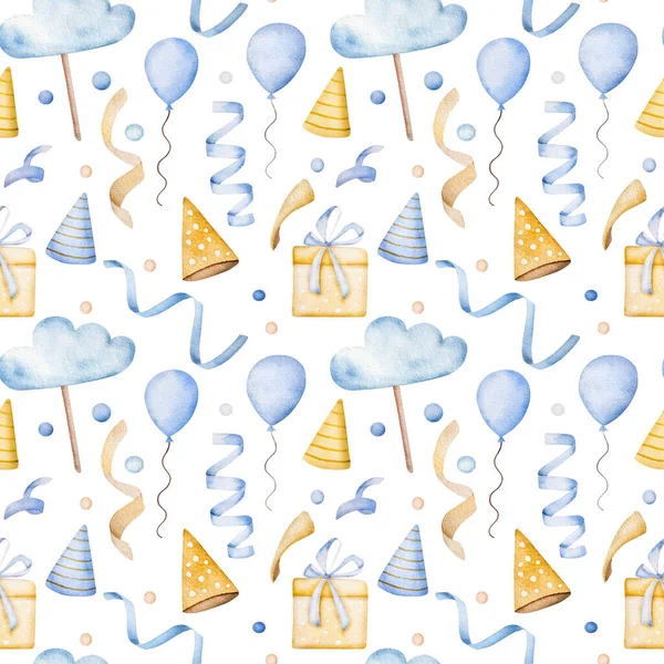 ハッピー誕生日プレゼントボックス 風船やパーティー帽子青水彩シームレスパターン お祝いの絵と新生児の男の子のためのポストカード — ストック写真