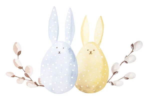 Bunny Pasen Wilg Eieren Aquarel Schilderen Voor Christelijke Vakantie Lente — Stockfoto