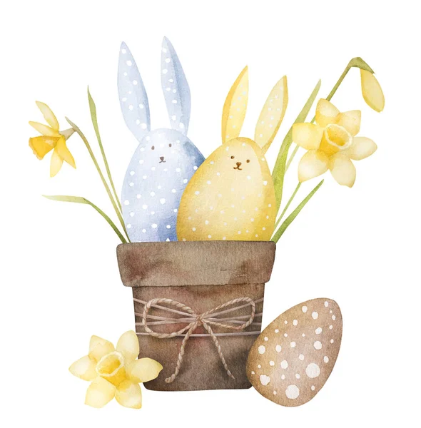 Coniglio Pasqua Coniglio Fiori Narciso Vaso Pittura Acquerello Uovo Vacanze — Foto Stock