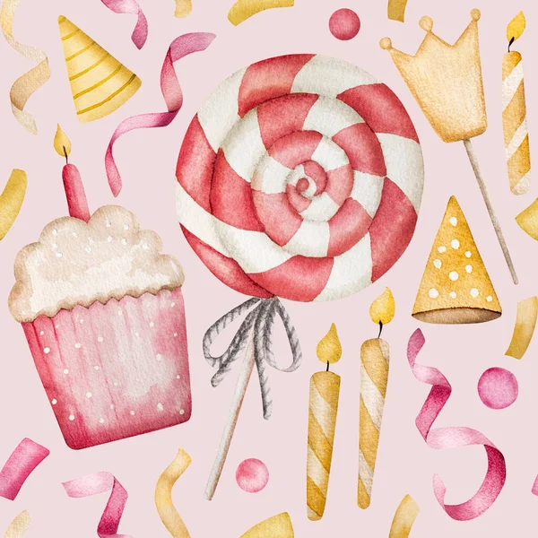 生日快乐杯蛋糕 棒棒糖和蜡烛粉色水彩画 给新生女婴的明信片 上面有甜蛋糕和蜡烛 — 图库照片