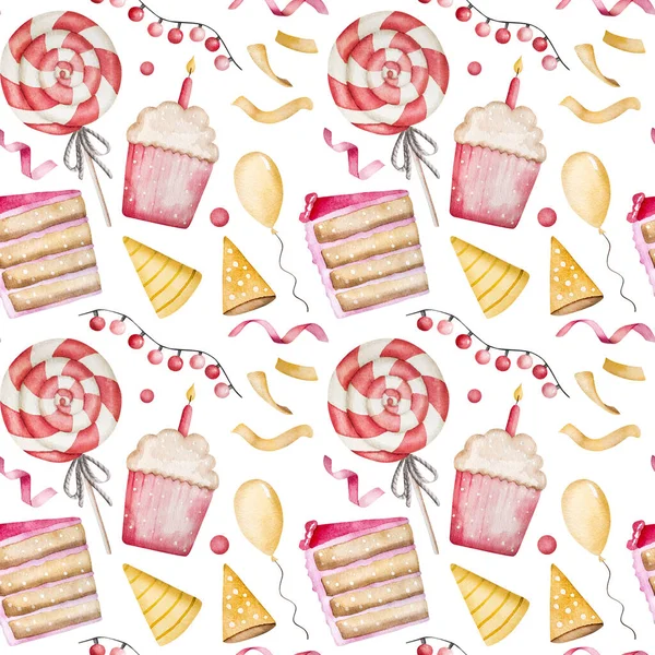 ハッピーバースデーカップケーキ ロリポップとパーティー帽子ピンクの水彩シームレスパターン 甘いケーキ キャンディー コンフェッティを持つ新生児の女の子のためのポストカード — ストック写真
