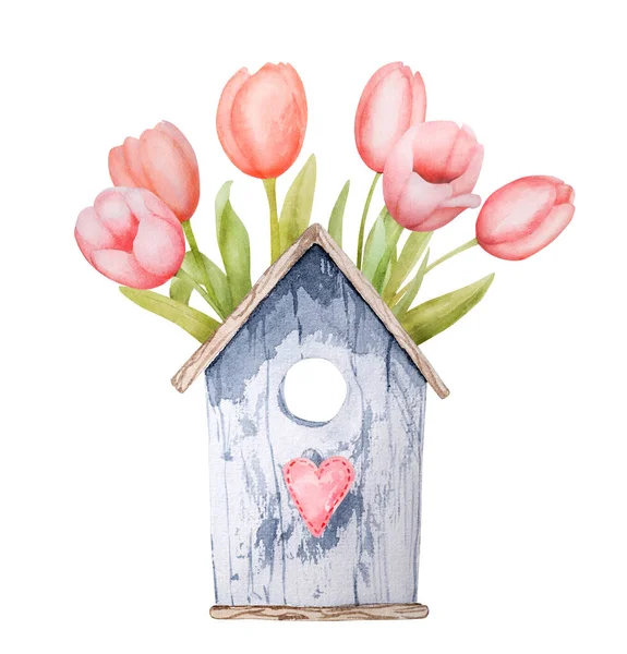 美しいピンクのチューリップの花や木製の鳥の家の水彩画 春の花の庭の植物のアクエラレの描画 — ストック写真