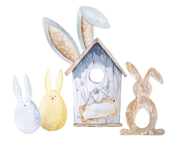 复活节水彩画与兔子 蛋和鸟屋与兔子耳朵装饰 可爱的春节假期明信片 — 图库照片