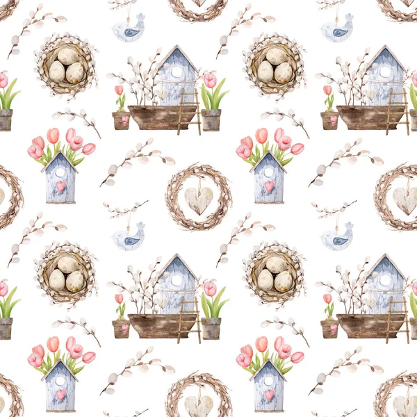 Цветки Розового Тюльпана Съедобная Ива Яйца Гнезде Деревянным Птичьим Домиком — стоковое фото