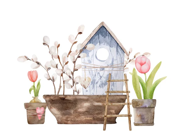 美しいピンクのチューリップの花 東柳や木製の鳥の家の水彩画芸術 春休みの植物 — ストック写真